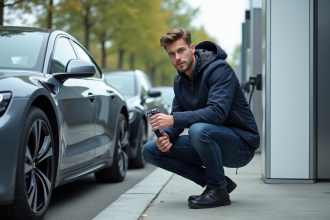 Jeune ingénieur à côté d'une voiture à hydrogène moderne