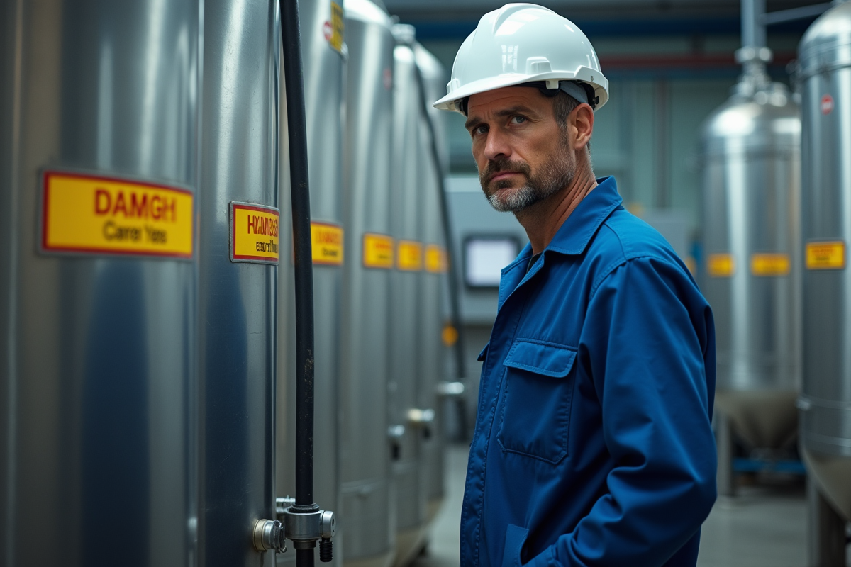 Ingénieur en bleu examine réservoirs d'hydrogène en industrie