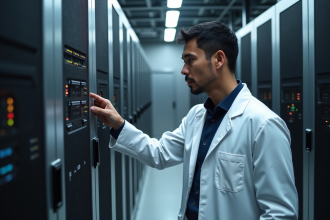 Ingénieur homme en laboratoire haute technologie