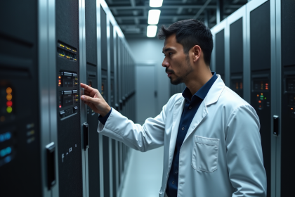 Ingénieur homme en laboratoire haute technologie