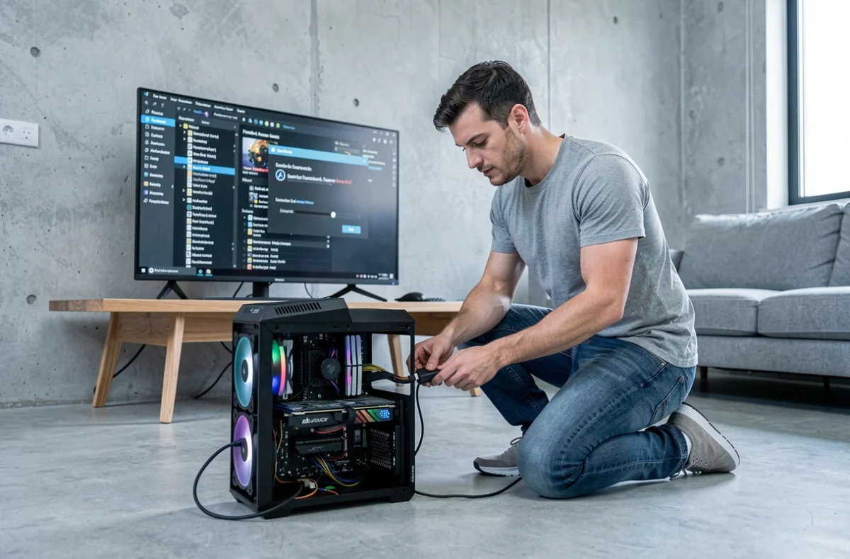 Homme installant un mod de traduction en français pour Wicked sur un PC de bureau dans un salon moderne