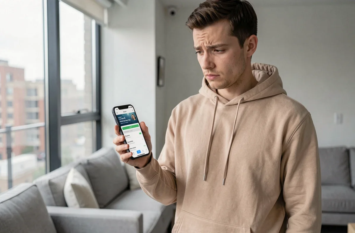 Jeune adulte dans un appartement moderne regardant une facture mobile avec un numéro inconnu sur son téléphone