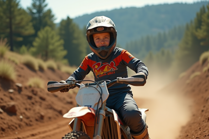 Jeune garçon en équipement motocross sur une piste poussiéreuse