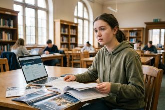 Jeune femme de 18 ans consultant des brochures de formations post-bac dans une bibliothèque universitaire moderne