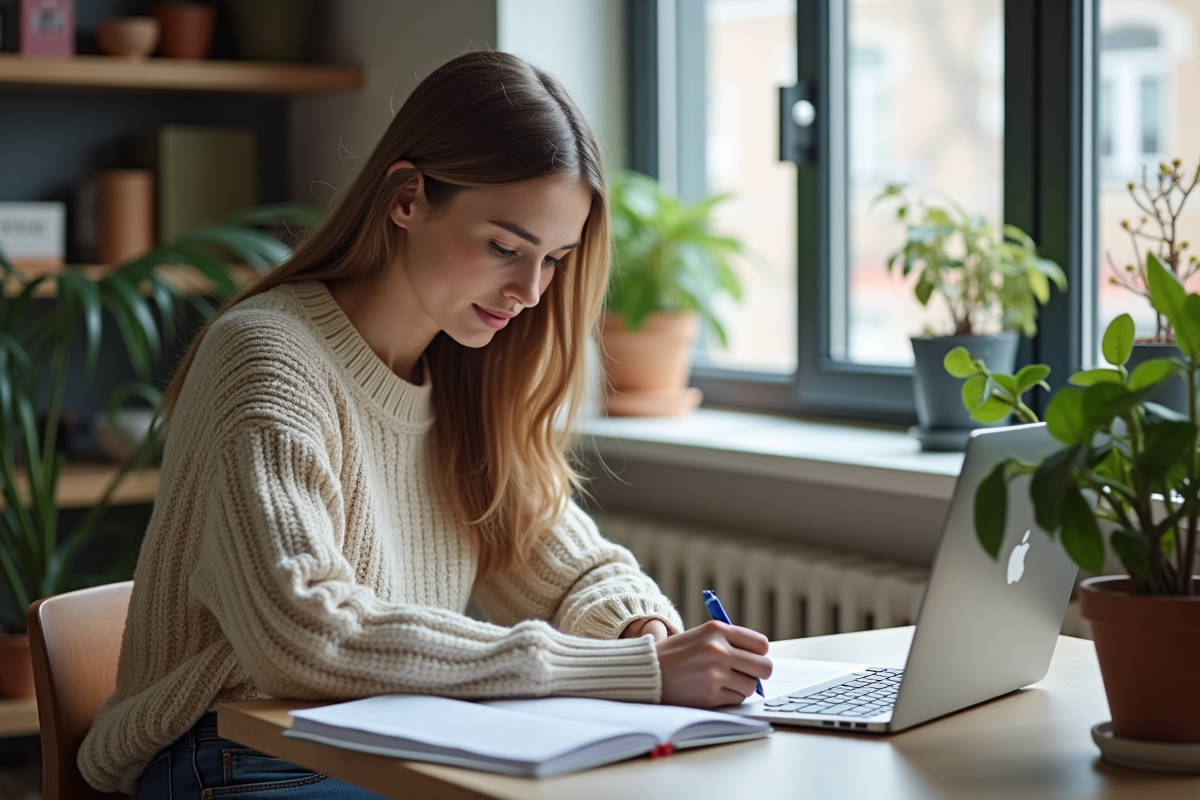 Jeune femme étudiante dans son appartement en train de remplir des papiers