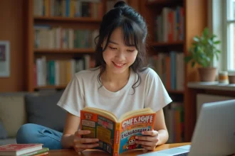 Jeune femme lisant manga One Piece dans un salon chaleureux