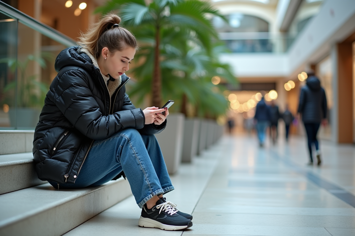 Jeune femme assise dans un centre commercial avec téléphone