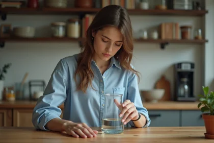 Jeune femme mesurant de l'eau dans un bécher à la maison