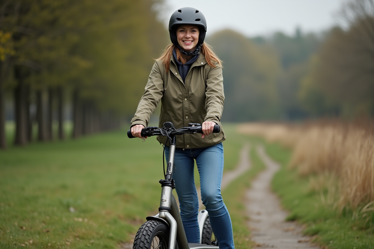 Jeune femme avec casque sur un scooter en plein air