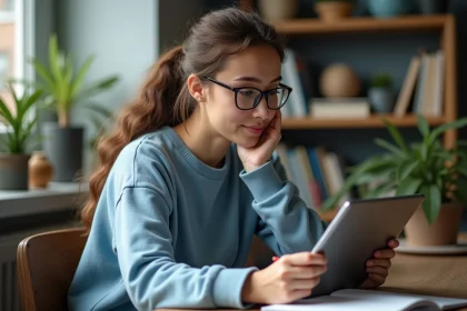 Jeune femme lisant une tablette dans une chambre d'étudiant
