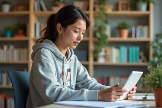 Jeune femme avec hoodie regardant une tablette webtoon