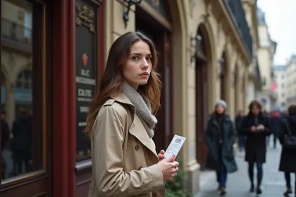 Jeune femme avec ticket devant le théâtre Mogador à Paris