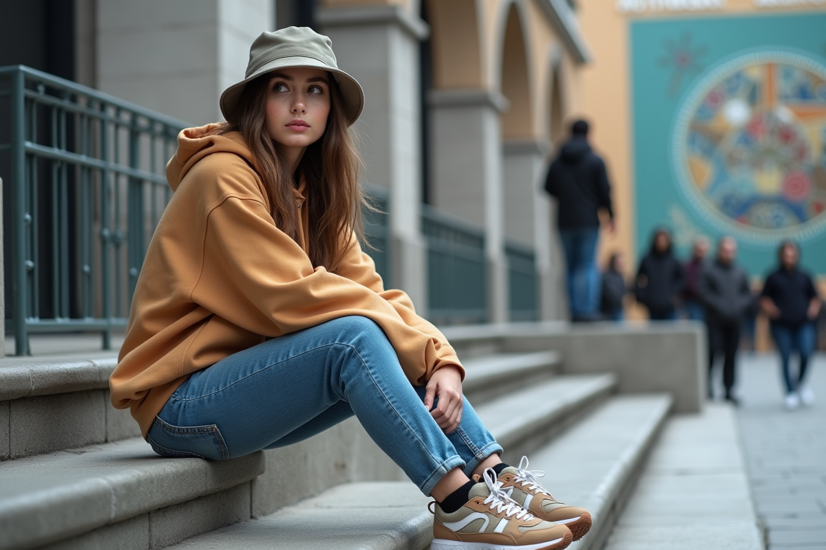 Jeune femme en streetwear assise devant une fresque urbaine