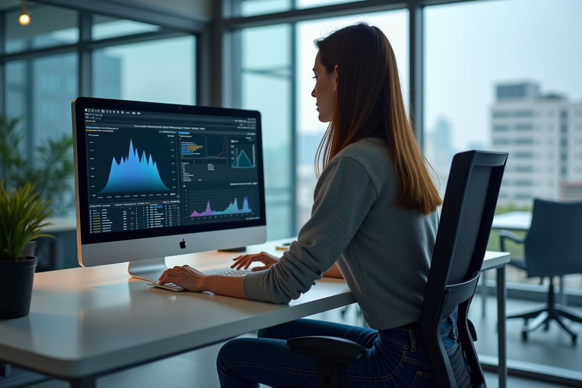 Jeune femme programmeuse regardant des données