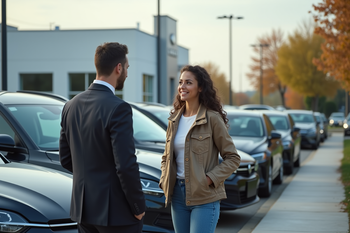 Jeune femme parlant avec un vendeur devant sa voiture en concession