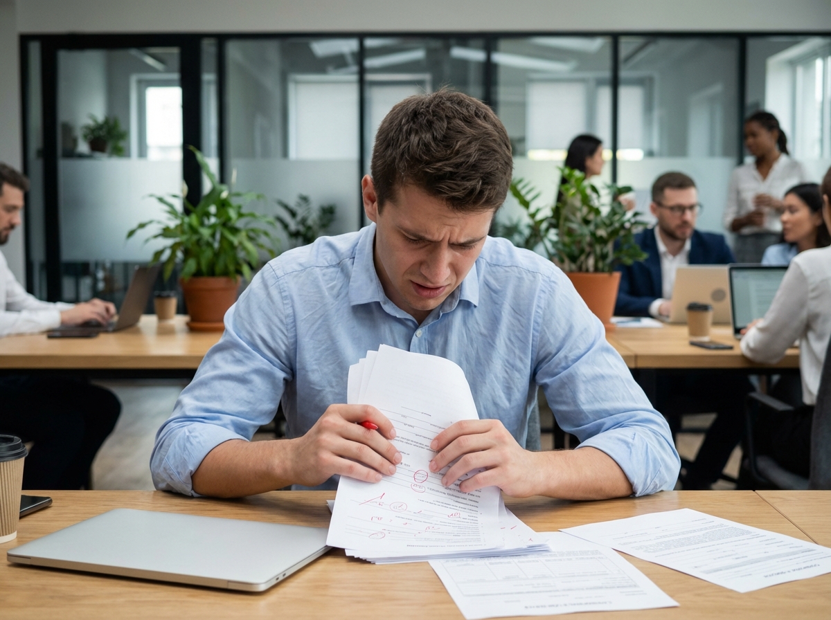Jeune homme au bureau avec CV et documents