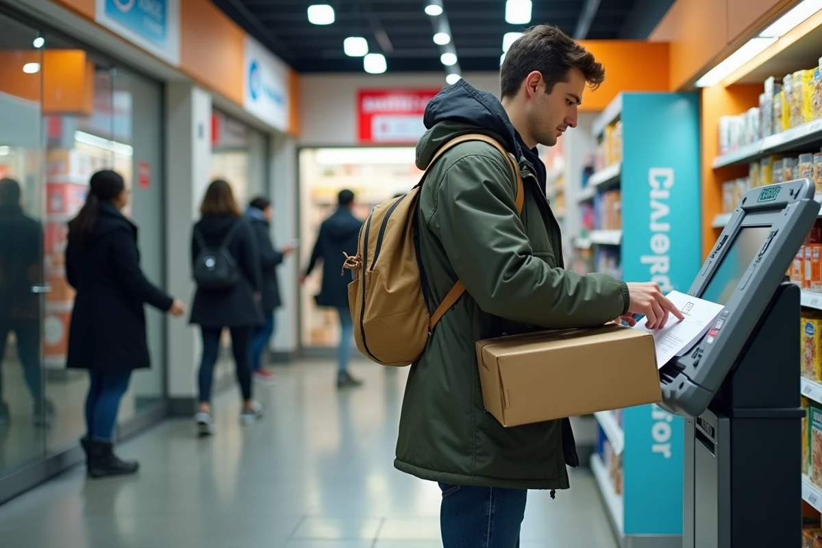 Jeune homme posant une étiquette sur un colis près d