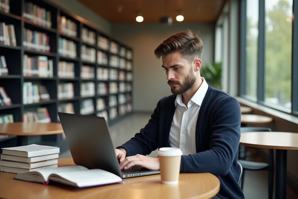 Jeune homme travaillant sur un ordinateur dans une bibliothèque