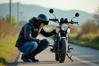 Jeune homme ajustant le carburateur d'une moto 125cc en extérieur