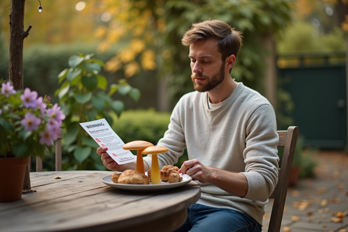 Jeune homme contemplant un bolet dans un jardin