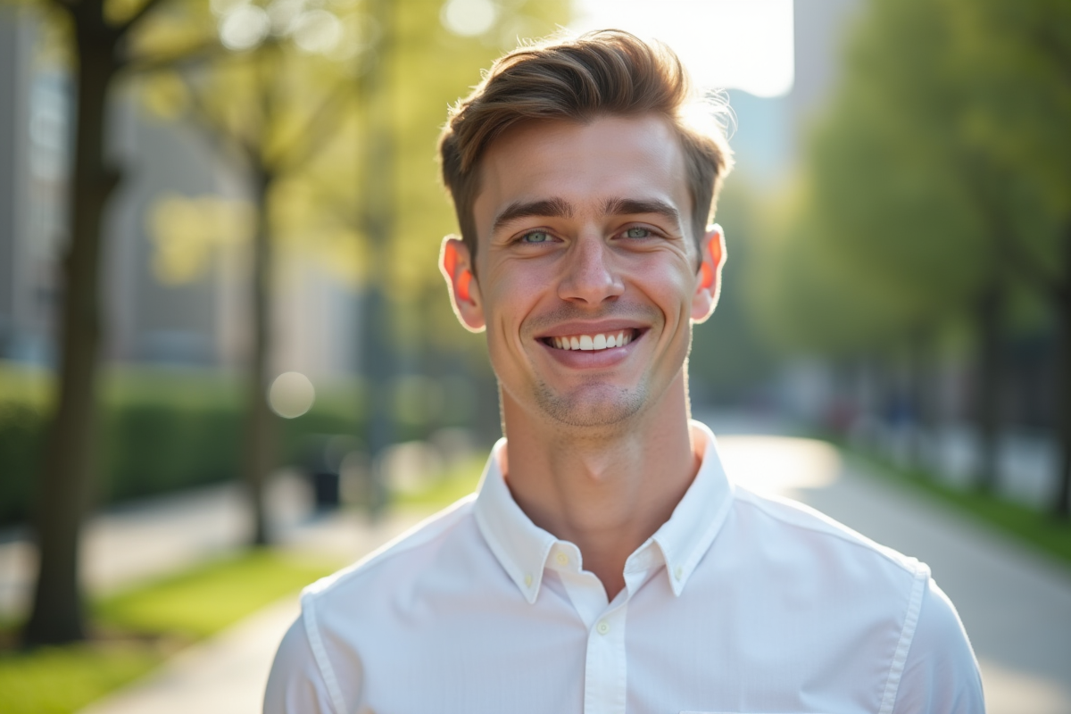 Jeune homme souriant dans un parc urbain ensoleille