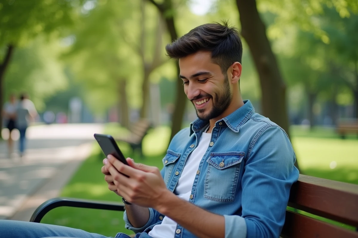 Jeune homme résolvant un puzzle de mots dans un parc