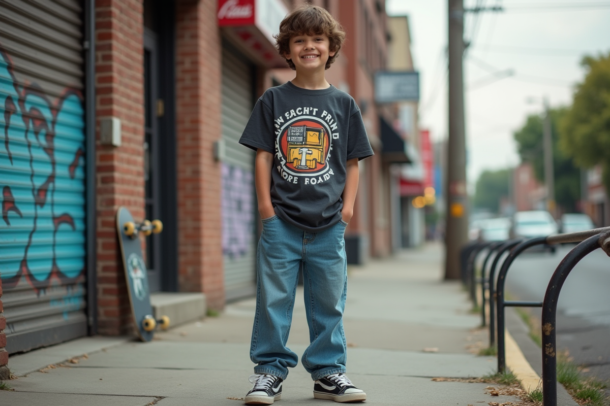Jeune homme en streetwear vintage dans une rue des années 80