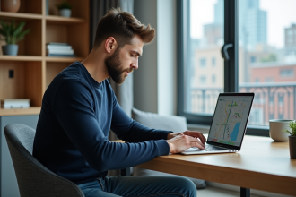 Jeune homme en bureau moderne vérifiant une carte digitale
