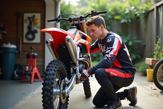 Jeune homme vérifiant la tension de la chaîne motocross