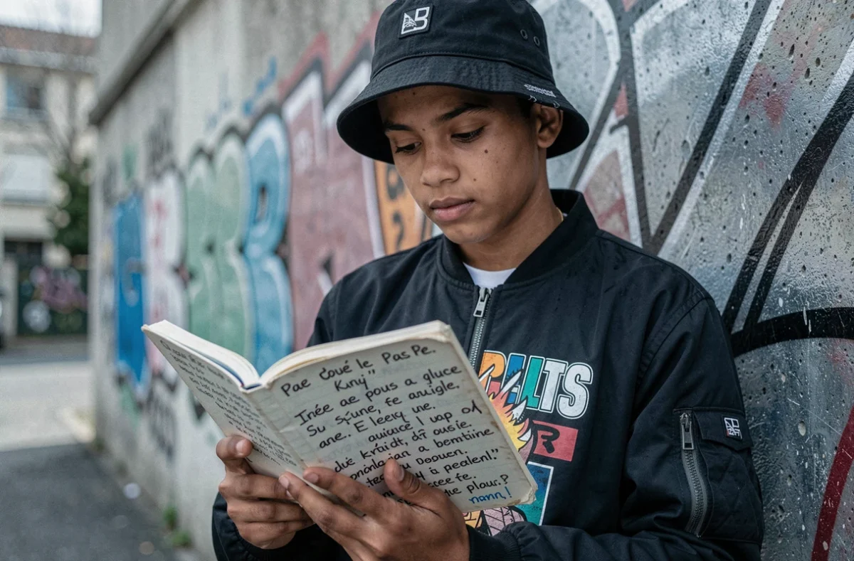 Adolescent rappeur en banlieue parisienne lisant ses paroles mêlant français et anglais devant un mur tagué
