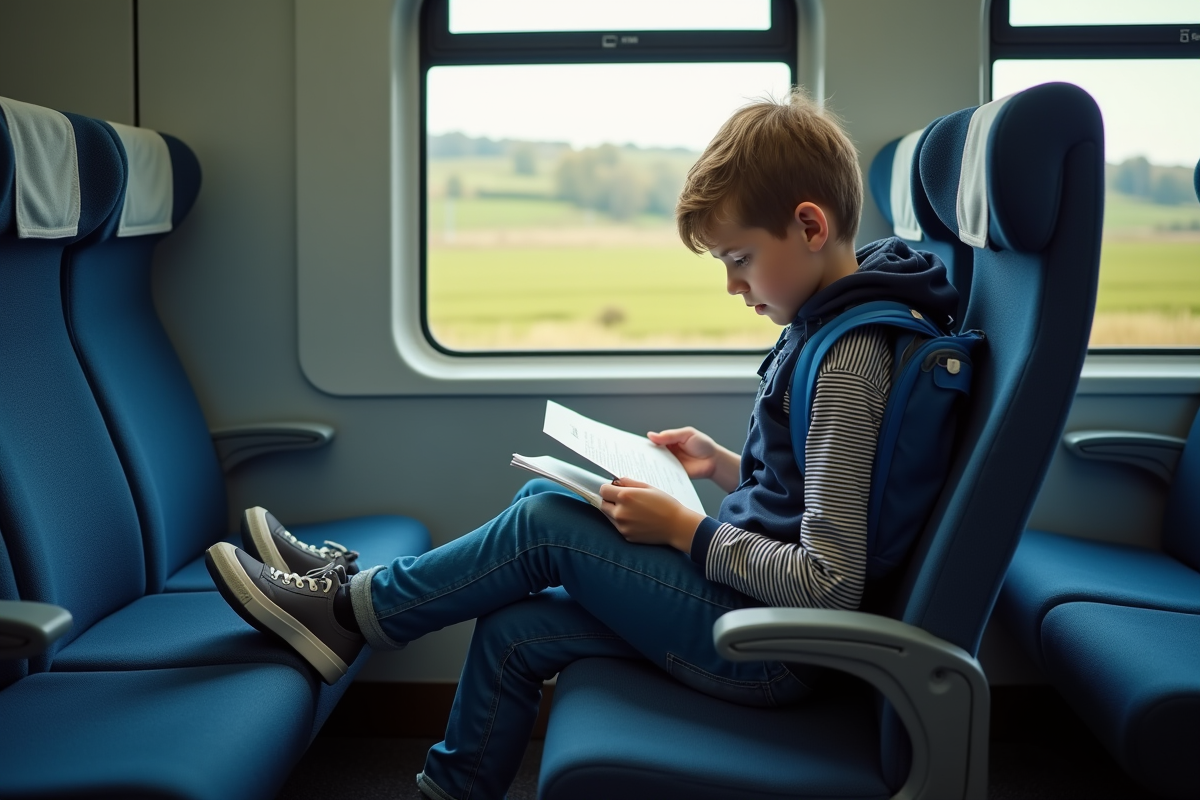 Jeune garçon lisant dans un train moderne en voyage
