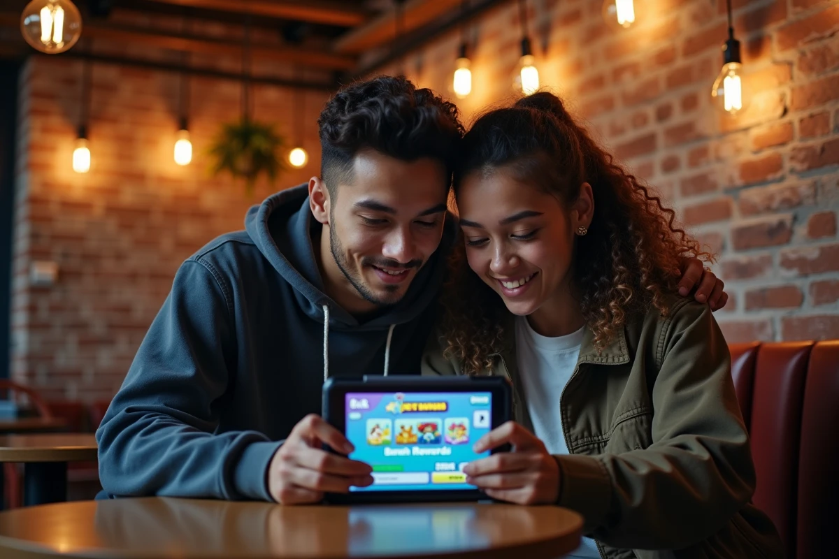 Deux jeunes adultes découvrant un code Supercell Store Brawl Stars sur une tablette dans un café urbain