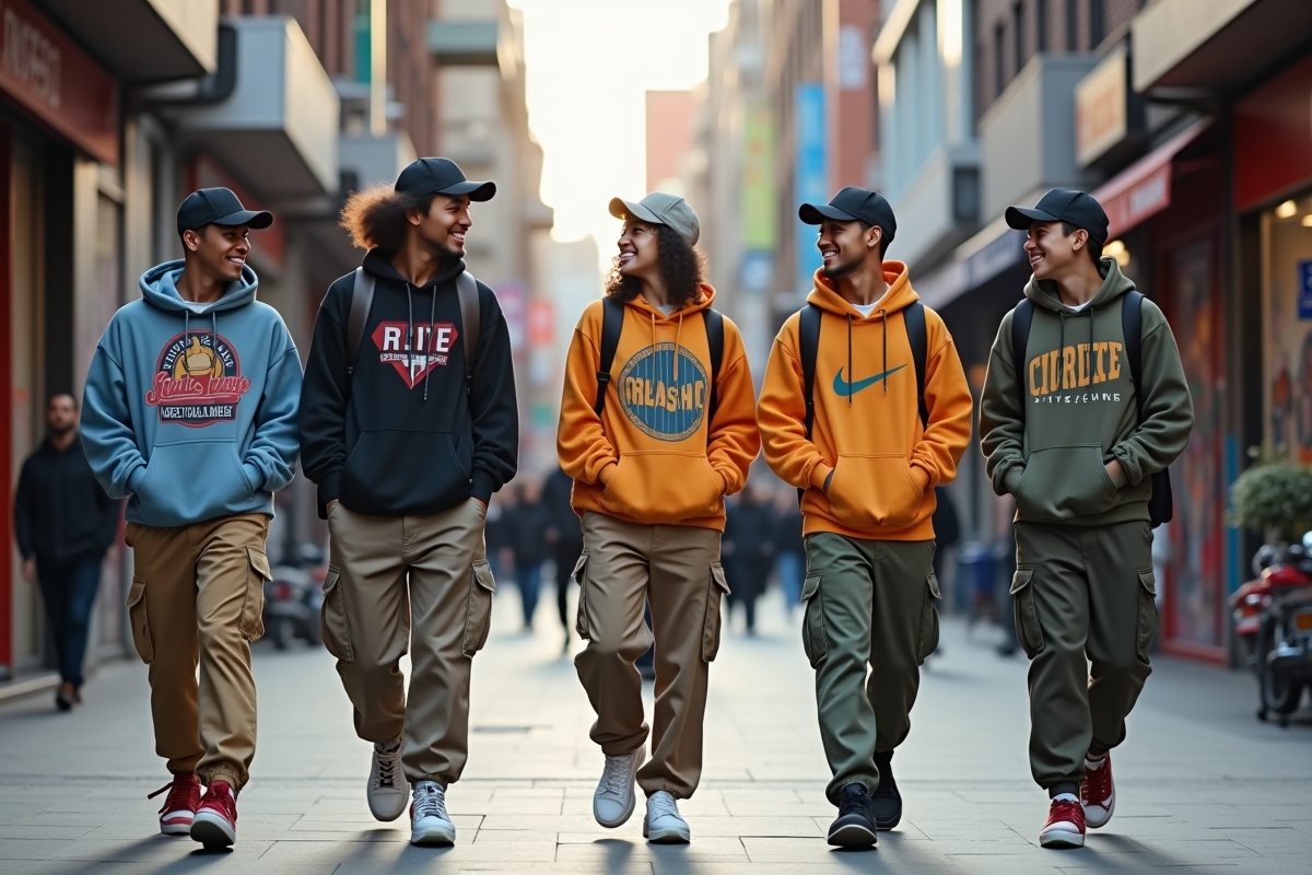 Groupe de jeunes adultes urbains en promenade dans la ville