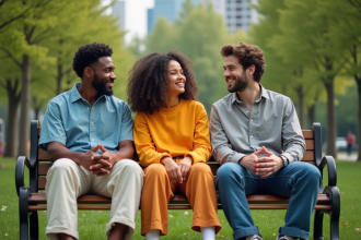 Trois jeunes adultes en vêtements inclusifs dans un parc urbain