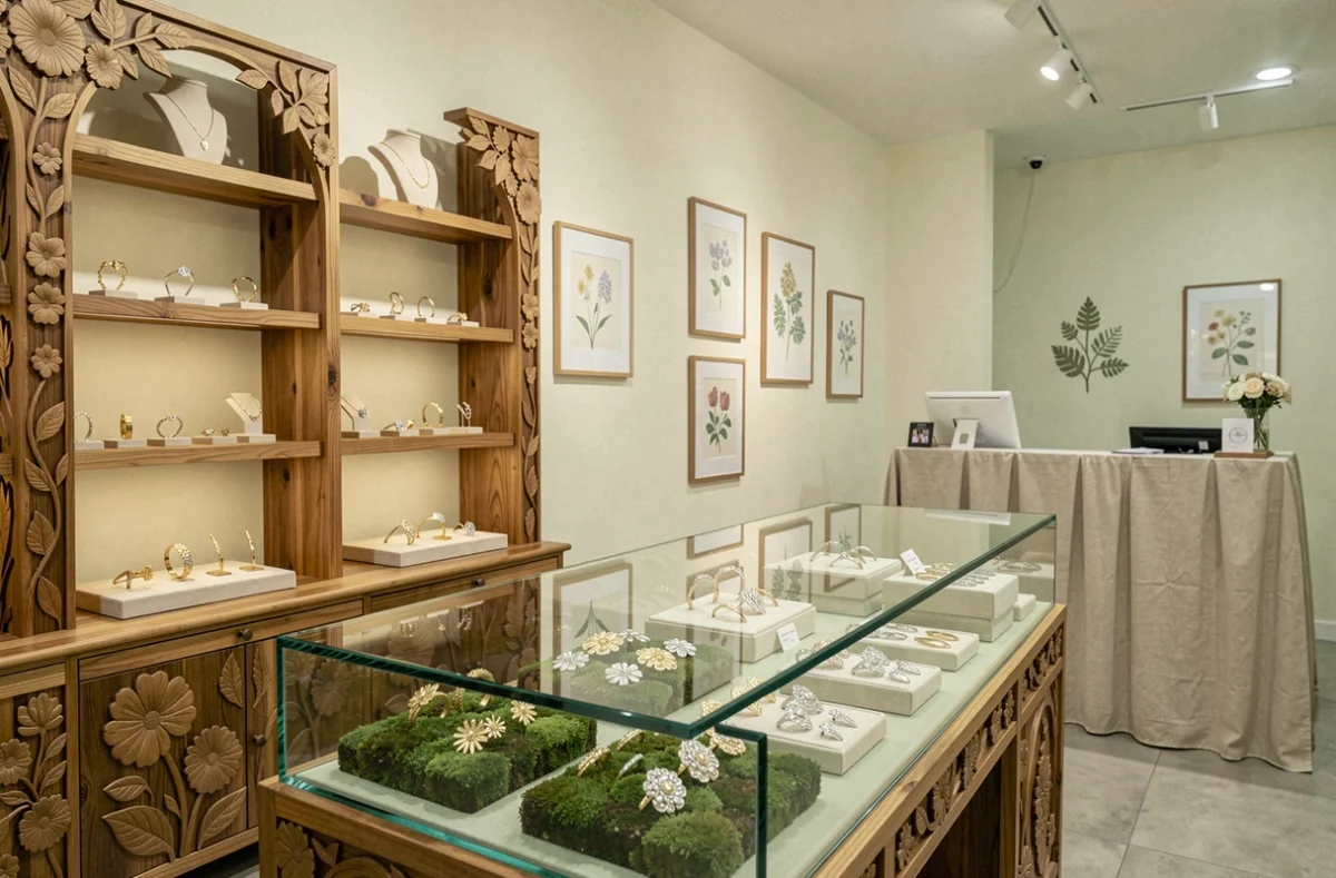 Intérieur d'une joaillerie aux motifs floraux et naturels avec des bijoux délicats exposés