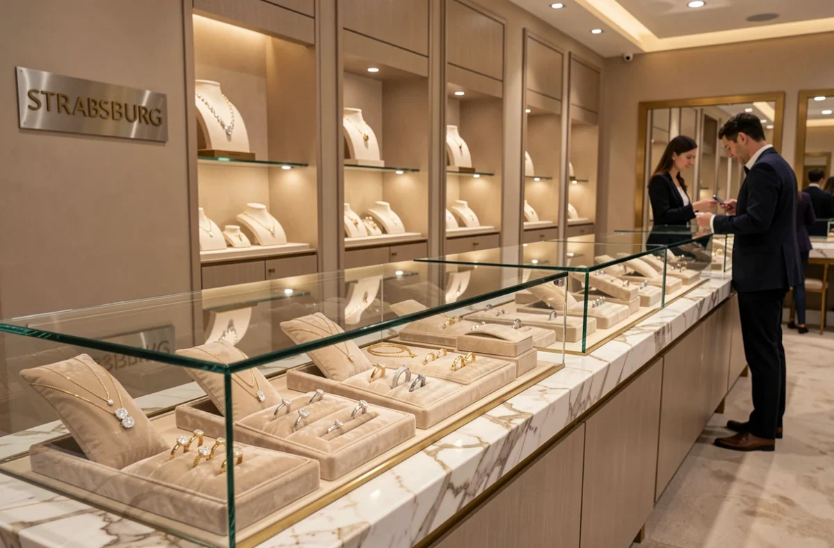 Intérieur élégant de la Joaillerie Veef à Strasbourg avec comptoirs en marbre et bagues en diamant
