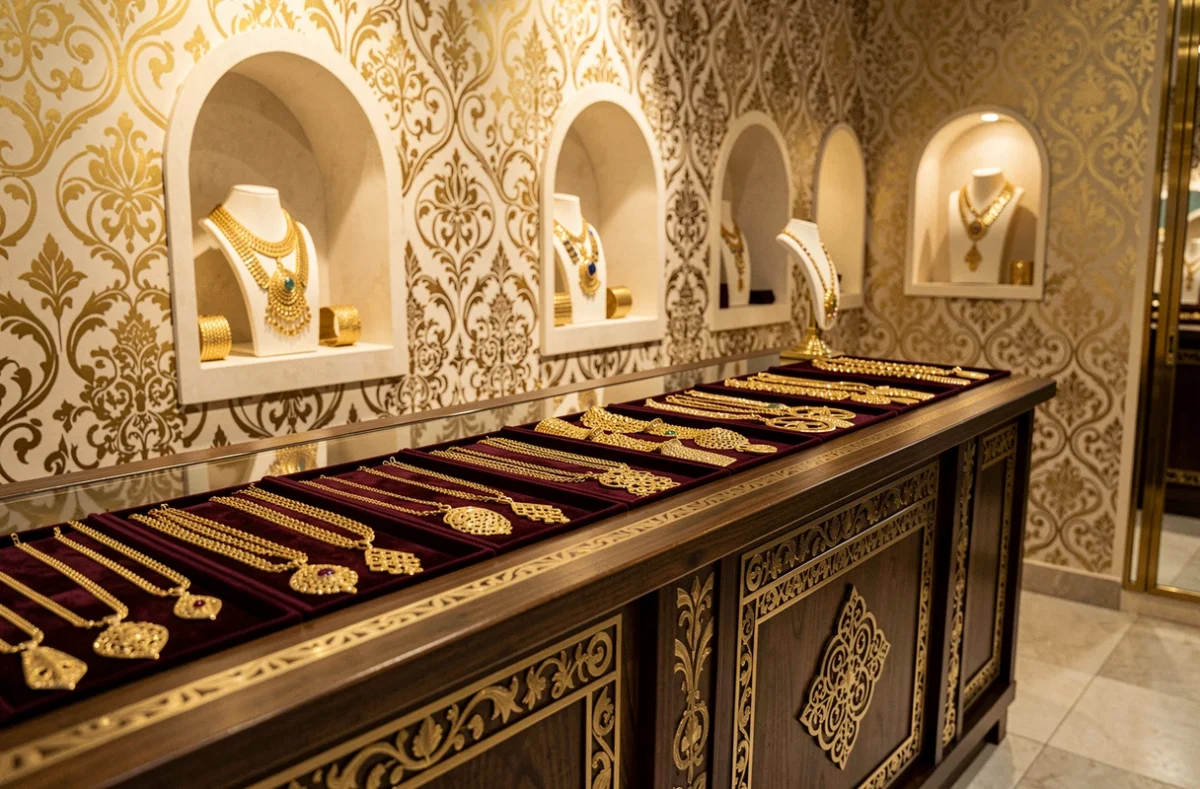 Boutique de joaillerie Zeina à Strasbourg avec décor oriental et bijoux en or filigrane exposés