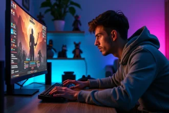 Joueur de jeu vidéo concentré devant un écran affichant une interface RPG avec des barres d'expérience et menus de personnage