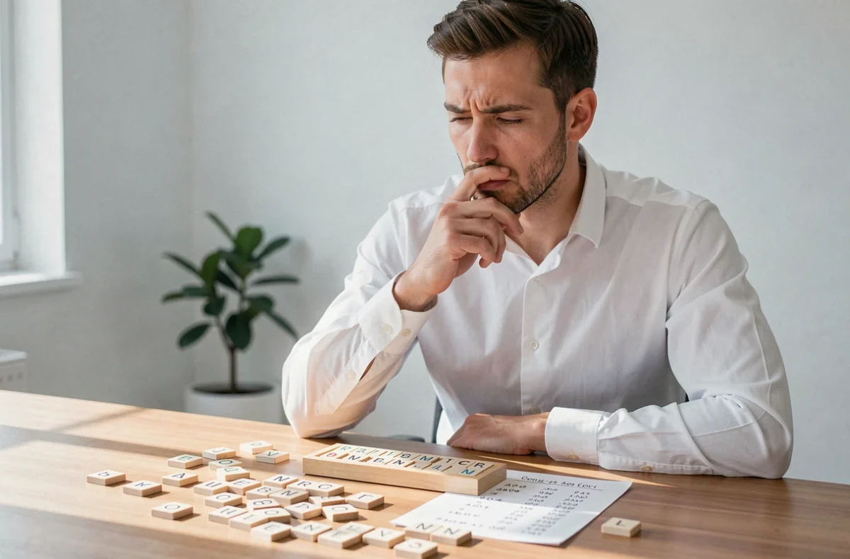 Joueur de Scrabble en duplicate analysant son tirage de lettres avec une fiche de score manuscrite