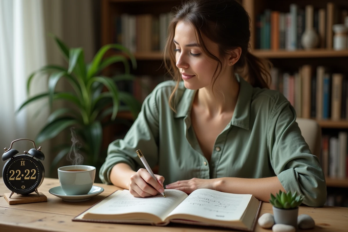 Femme écrivant des affirmations positives dans un journal à 22h22, entourée de cristaux et d'une tasse de thé pour manifester l'amour et l'abondance