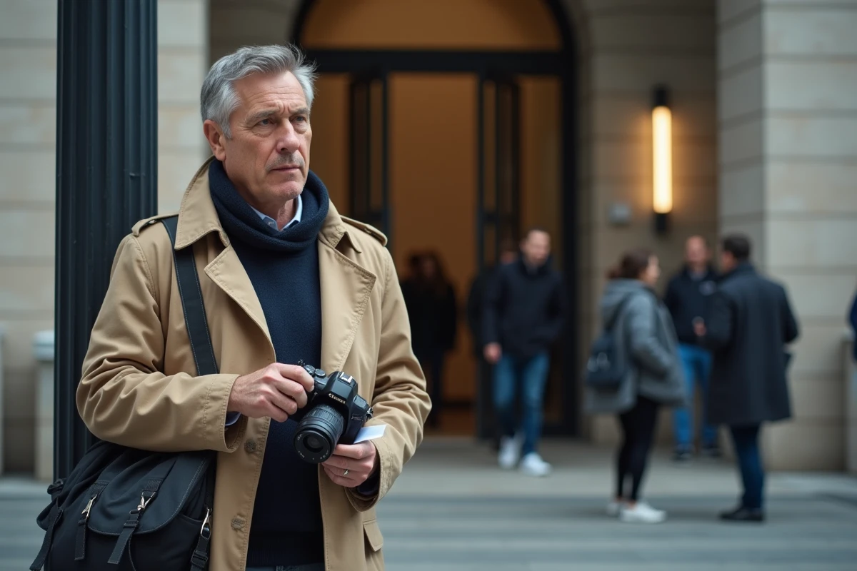 Journaliste avec appareil devant un tribunal moderne