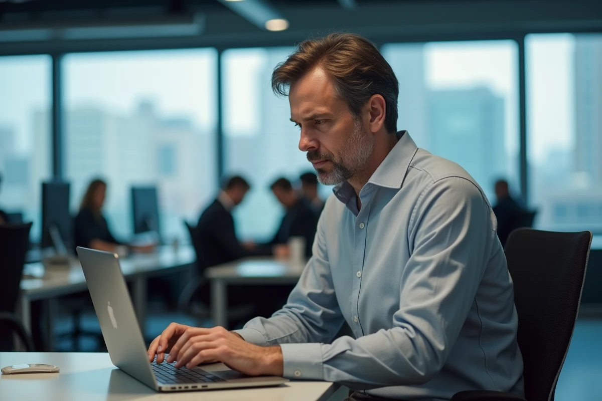 Journaliste masculin dans une salle de rédaction moderne analysant des informations en ligne, symbolisant le fact-checking et la vérification des médias comme DAC Presse