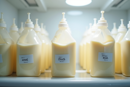 Lait maternel frais dans des sacs de stockage étiquetés dans un frigo lumineux