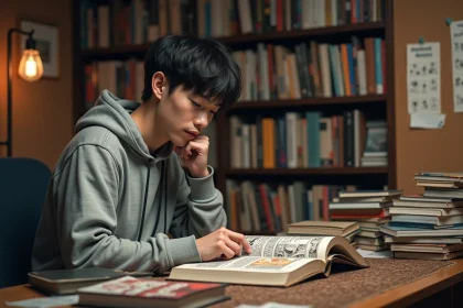 Jeune homme lisant un volume de manga Exorcism Records Journey to the West en version française sur un bureau encombré de livres