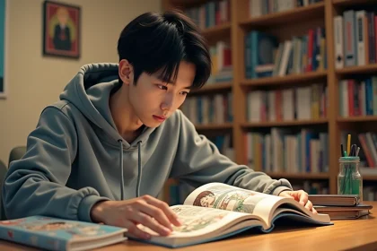 Jeune homme lisant un manhwa coréen illustré à son bureau entouré de livres manga
