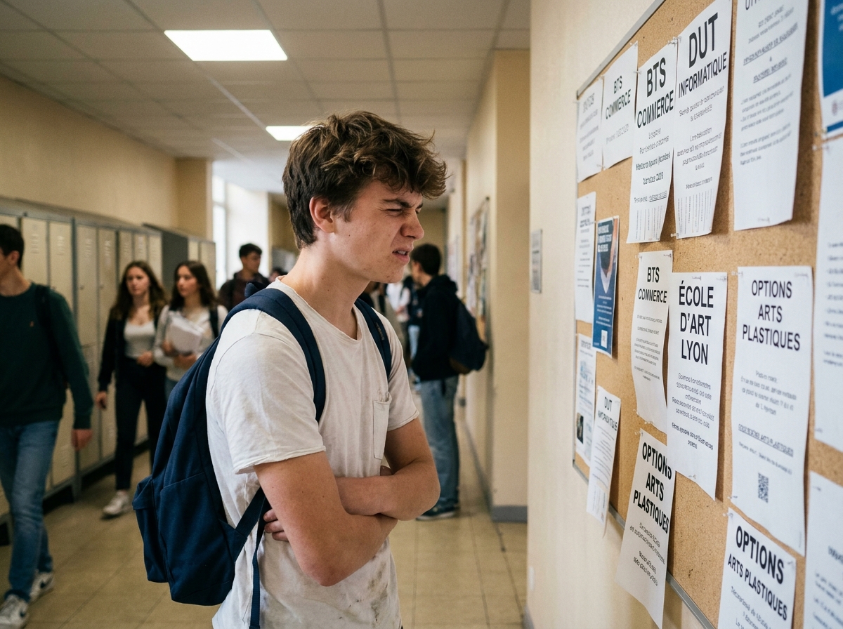 Lycéen masculin lisant un panneau d'orientation scolaire avec des flyers de formations BTS et DUT dans un couloir de lycée