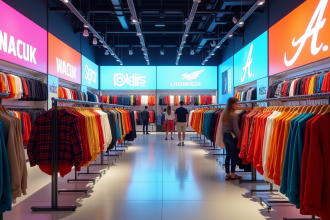 Vitrine d un grand magasin de mode moderne avec jeunes acheteurs