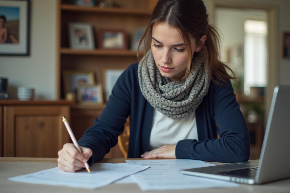 Jeune maman remplissant des formulaires CAF à la maison