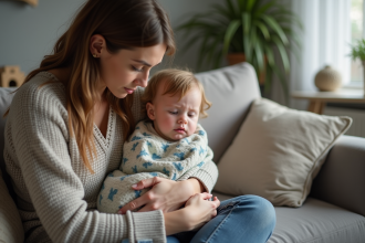 Maman soucieuse avec son enfant malade à la maison