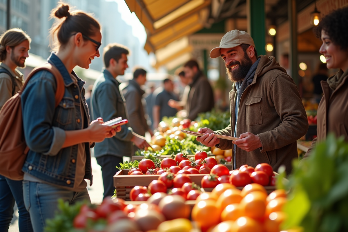 Groupe de personnes faisant leurs courses au marché urbain